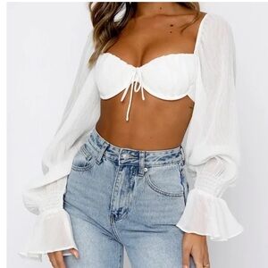 White Fox Boutique White Puff-Sleeve Tie-Front Crop Top